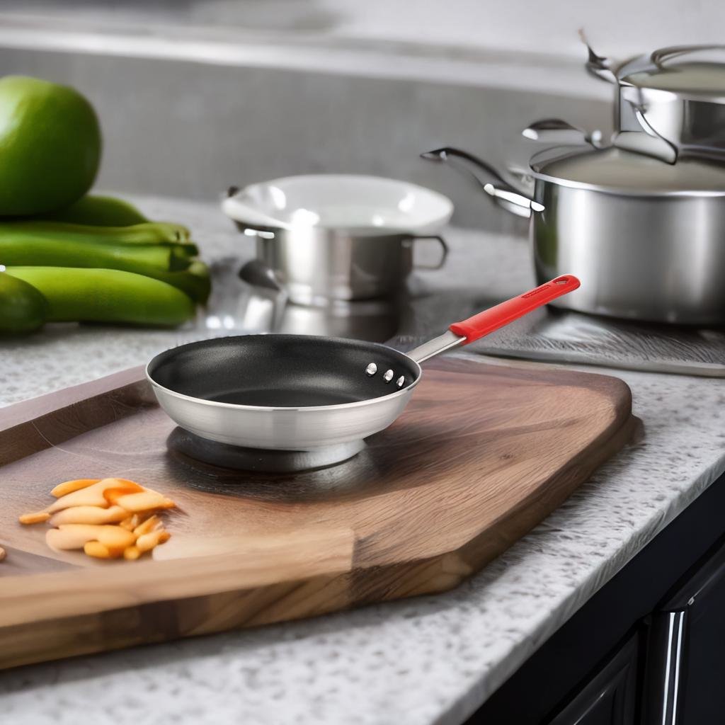 Small non-stick frying pan with red handle on a wooden cutting board in a modern kitchen